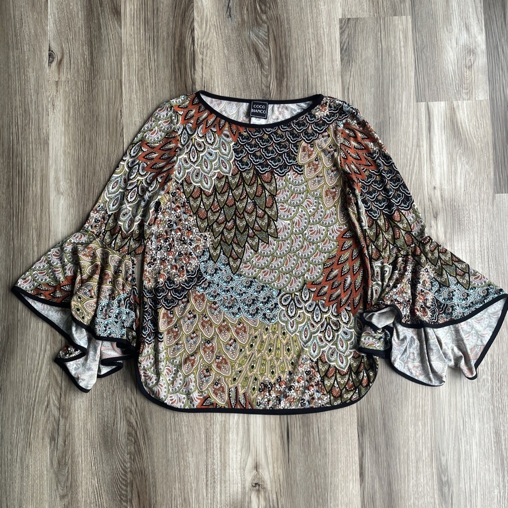 Y2K Coco Bianco Womens M Peacock Print Tiered Bell Sleeve Blouse Top Multicolor‎